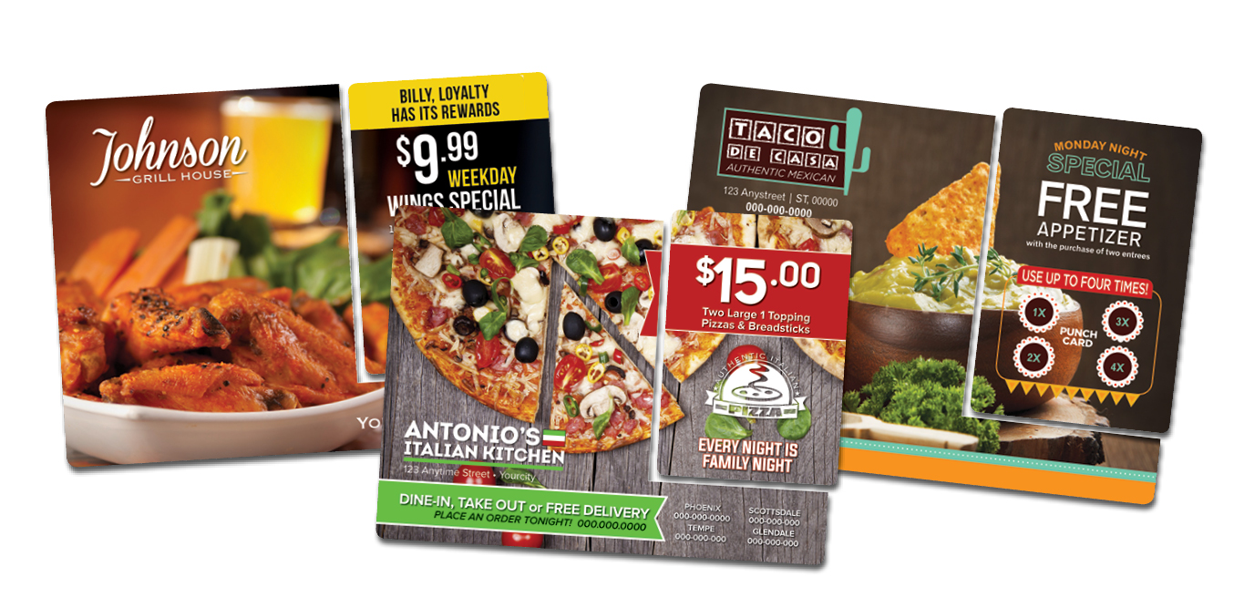  A collage of images of various restaurant menus and specials, such as a $9.99 weekday wings special, a $15 pizza deal, and a free appetizer with the purchase of two entrees.